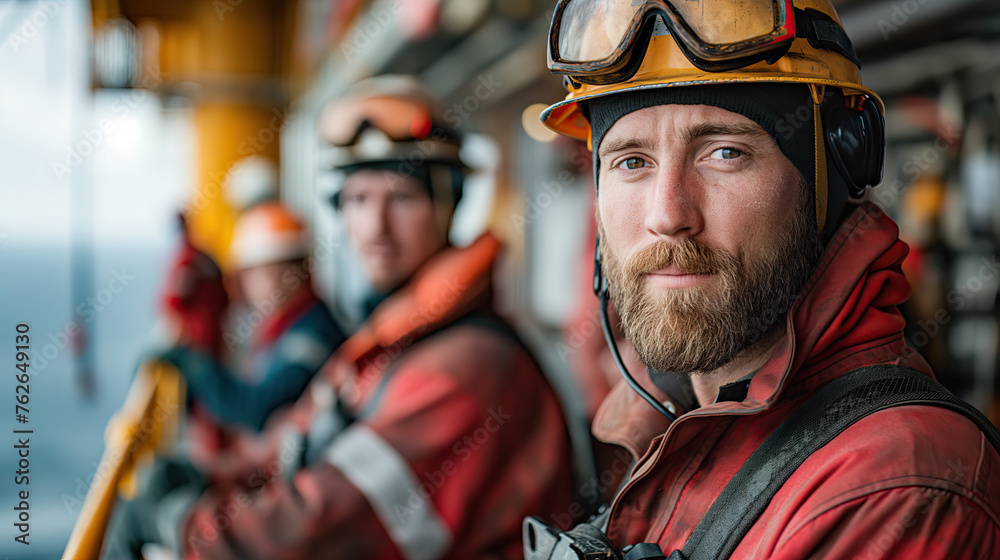 A close-up portrait of an offshore oil rig worker in safety gear against a blurred rig backdrop, capturing the human element in harsh working conditions A close-up portrait of an offshore oil rig worker in safety gear against a blurred rig backdrop, capturing the human element in harsh working conditions