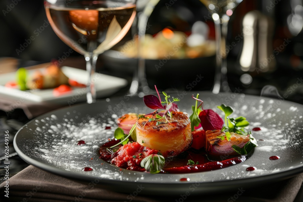 Dish of molecular cuisine. Premium restaurant. The food is beautifully presented on a gray designer plate with a glass of wine. Macro shot.