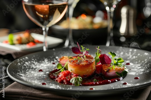 Dish of molecular cuisine. Premium restaurant. The food is beautifully presented on a gray designer plate with a glass of wine. Macro shot.