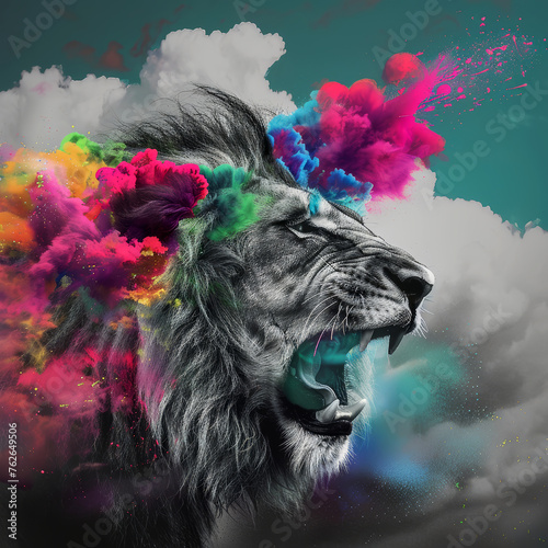 CREATE AND REALISTIC IMAGE OF A SCATCHED LION IN BLACK AND WHITE WITH A BLACK CROWN WITH ITS MOUTH OPEN WITH A CLOUD MULTICOLORED THAT A TEAL FUSCHIA PINK AND LIME GREEN photo