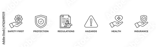 Work safety banner web icon vector illustration for occupational safety and health at work with safety first, protection, regulations, hazards, health, and insurance icon