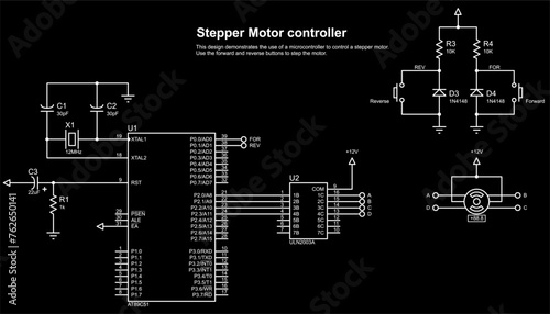 Vector schematic diagram of an electronic device.
Design demonstrates the use of a microcontroller to 
control a stepper motor. Electric scheme on the 
sheet of paper.