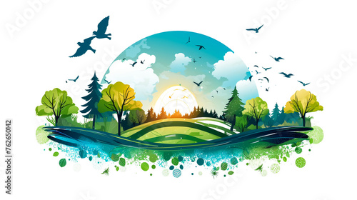 green Eco Earth with green forest ecology concept  vector illustration 