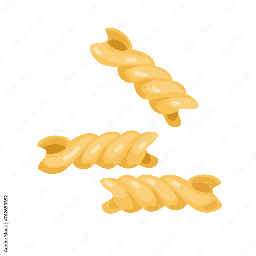 Fusilli pasta, Spiral pasta in flat style isolated on white background. Carbohydrate diet. Nutrient complex diet vector illustration. Traditional Italian Food for Restaurant Menu, shop, packaging. Fusilli pasta, Spiral pasta in flat style isolated on white background. Carbohydrate diet. Nutrient complex diet vector illustration. Traditional Italian Food for Restaurant Menu, shop, packaging.