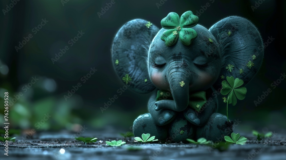 A majestic elephant statue, adorned with a vibrant green ribbon on its noble head, peacefully rests on the earth with serene eyes shut A majestic elephant statue, adorned with a vibrant green ribbon on its noble head, peacefully rests on the earth with serene eyes shut