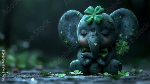  A majestic elephant statue, adorned with a vibrant green ribbon on its noble head, peacefully rests on the earth with serene eyes shut photo