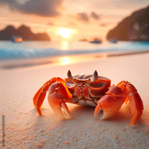 crab on tropical beach on blurred tropical island background