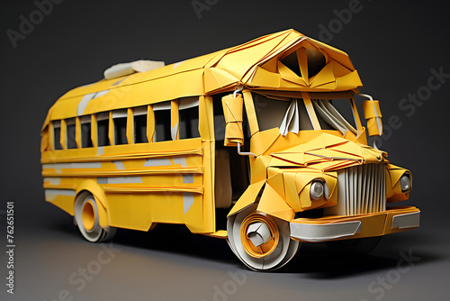 Origami paperstyle school bus, origami bus, school bus, yellow school bus origami paperstyle