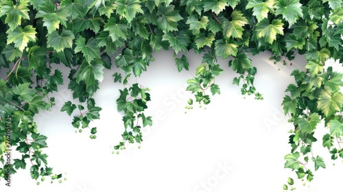Green ivy leaves and vines border the top of a white background © StasySin
