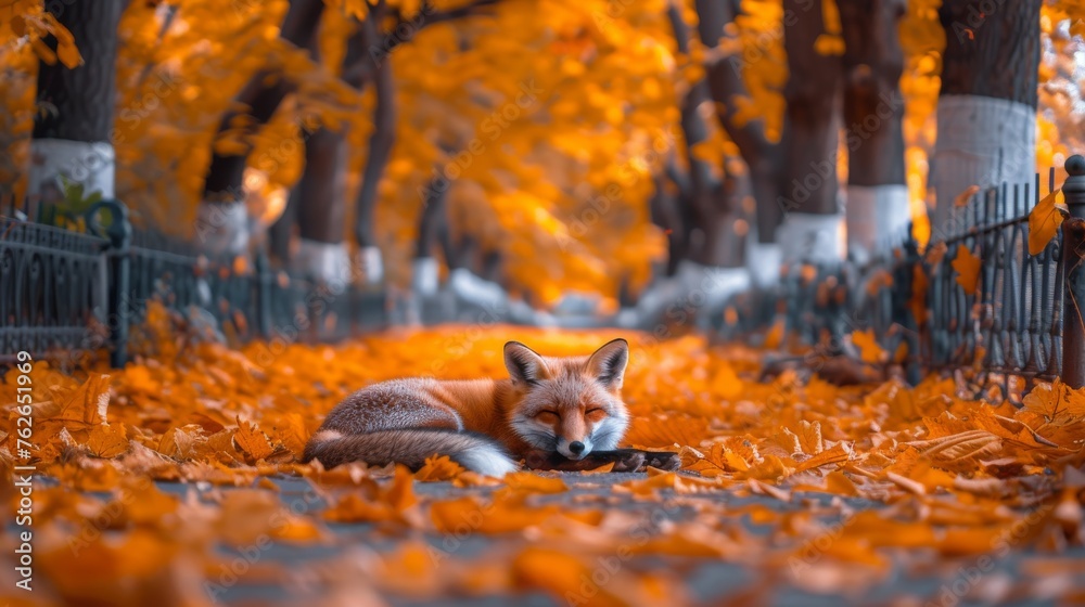  A fox lounges near a park fence, surrounded by yellow leaves and tall trees