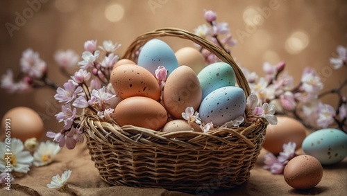 Beautiful Easter composition with colored eggs in a basket, adorned with cherry blossoms for a festive spring celebration