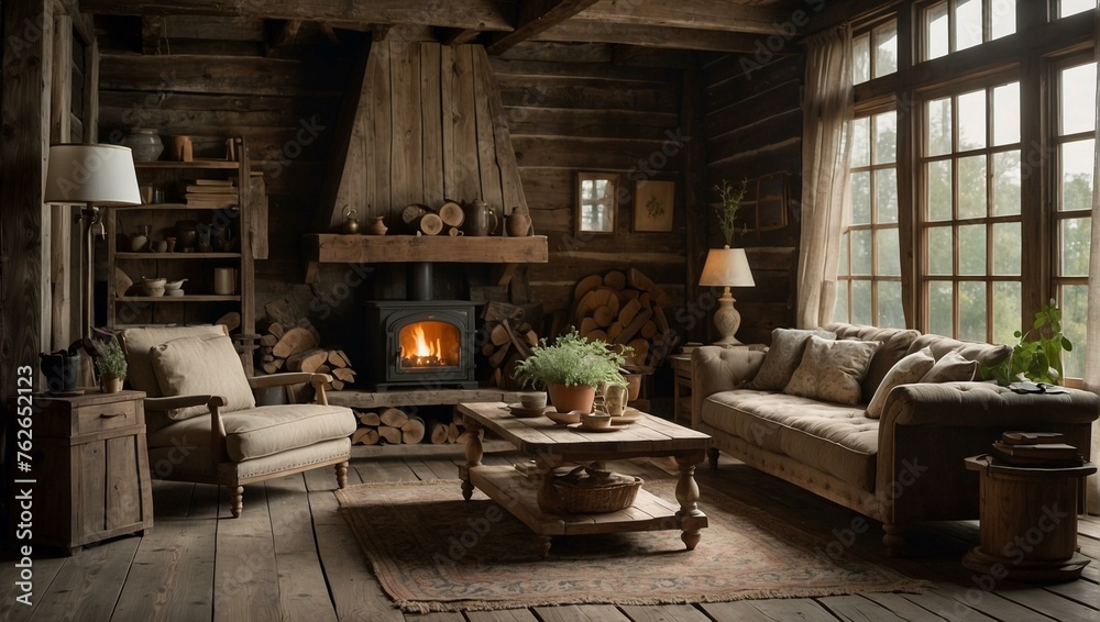 Charming rustic log cabin interior with warm fireplace, comfy furniture, and stacked firewood beside large windows