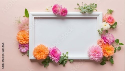 Assorted colorful flowers arranged around a blank white frame on a pastel pink background