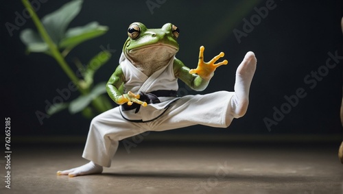 A whimsical portrayal of a frog in a karate uniform performing a high kick, set against a dark backdrop photo