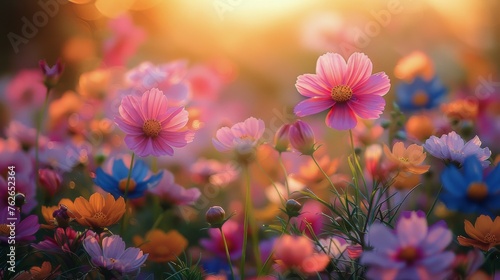 Vibrant Field of Colorful Flowers With Sun Background