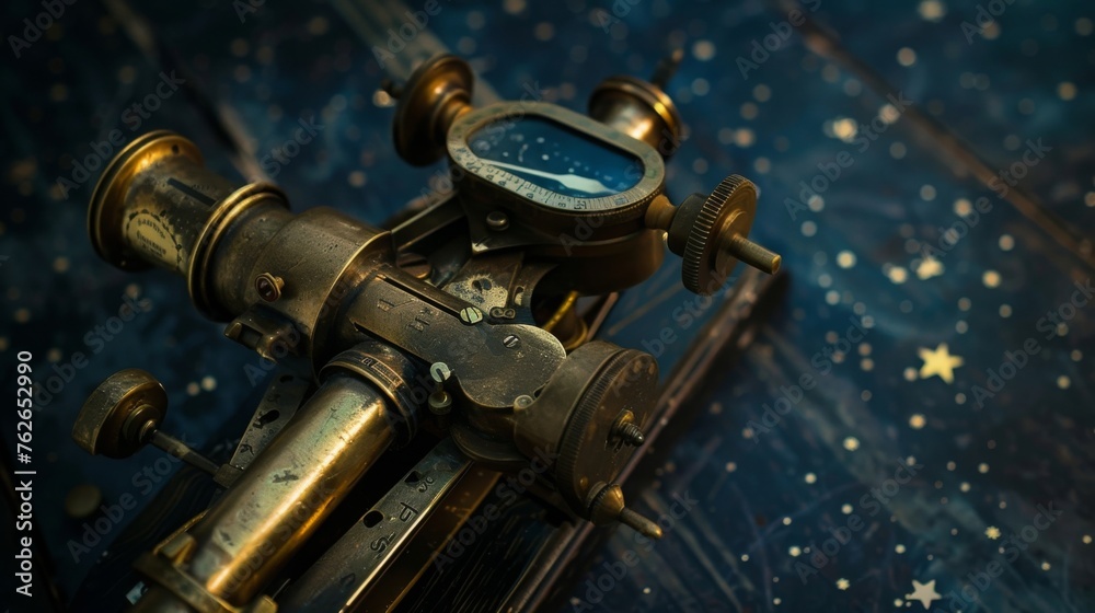 A vintage brass sextant, its polished surface reflecting the star-studded night sky, guiding intrepid explorers on their celestial journeys.