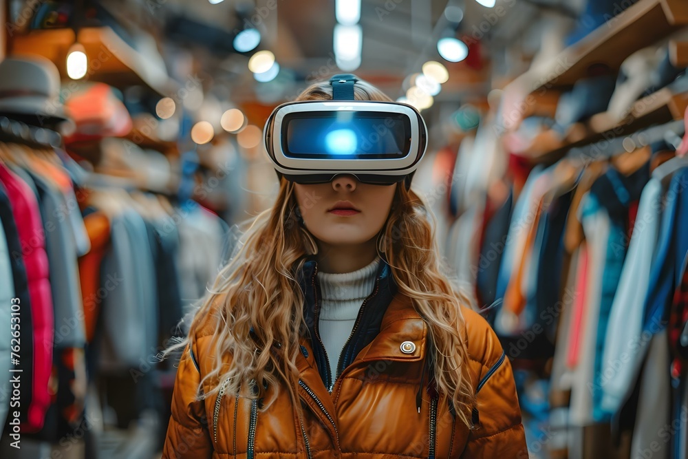 Virtual shopping experience: Young woman trying on virtual clothes with holographic display. Concept Virtual Shopping, Holographic Technology, Fashion, Young Woman, Digital Experience