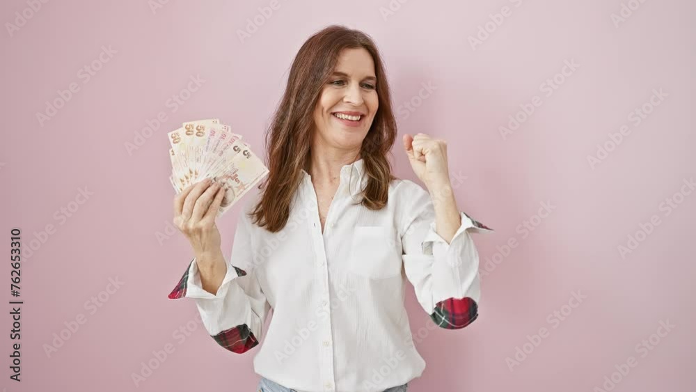 Excited middle age woman with raised arms, feeling the joy of victory and success! proud holder of turkish lira over isolated pink background! Excited middle age woman with raised arms, feeling the joy of victory and success! proud holder of turkish lira over isolated pink background!