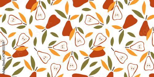 Seamless pears Pattern. Print with Pear Fruit and leaves. Repeated Doodle sketch vector illustration Food template for menu, nursery design, wallpaper, wrapping, packing, textile, scrapbooking