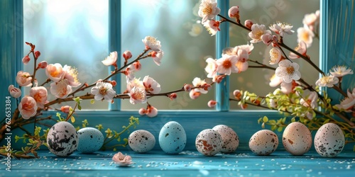 Blue Background With Pink Flowers and Speckled Eggs