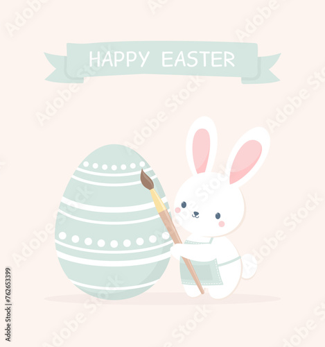Easter greeting card. Cute Easter bunny in an apron with a brush painting an Easter egg. Flat vector illustration