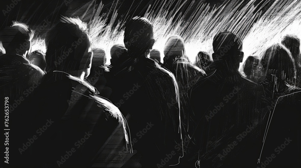 The black and white drawing shows a crowd of people and we can only see their backs. The concept of depersonalization of the masses, as all people are gray and stand densely in space. Illustration.