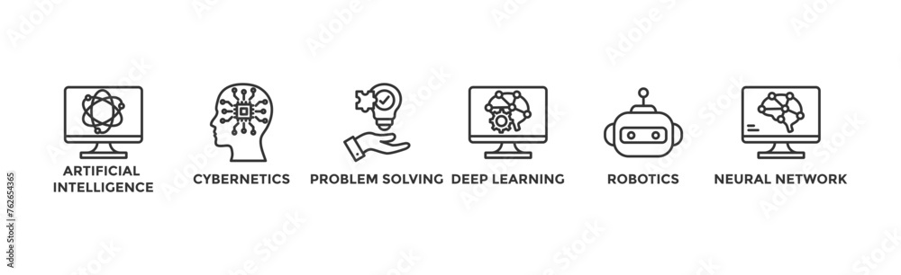 AI banner web icon vector illustration concept of artificial intelligence with icon of cybernetics, problem-solving, deep learning, machine learning, robotics and neural network	