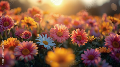 Vibrant Field of Colorful Flowers With Sun Background