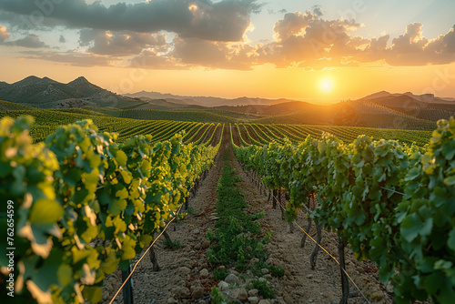 Scenic view of vineyard at sunset photo