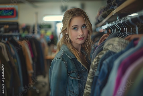 A young woman trying on clothes in a store selecting outfits. Concept Fashion, Shopping, Retail Therapy, Clothing, Wardrobe