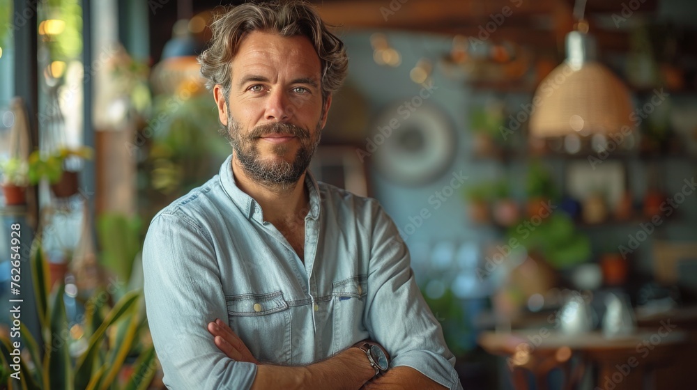Fototapeta premium Man Standing in Kitchen With Crossed Arms
