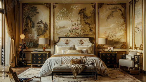 Integration of Chinoiserie and French Art Nouveau style in a luxurious bedroom setting, combining beauty and functionality with positive energy creating a tranquil atmosphere for relaxation.