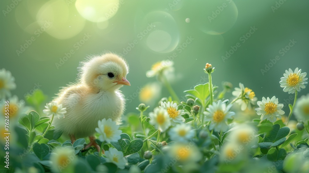  A small yellow chick sits in a field of daisies, with the sun shining behind it