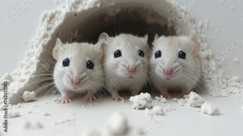  Three white mice, two facing the camera and one looking directly at it, sit in a hole surrounded by snow