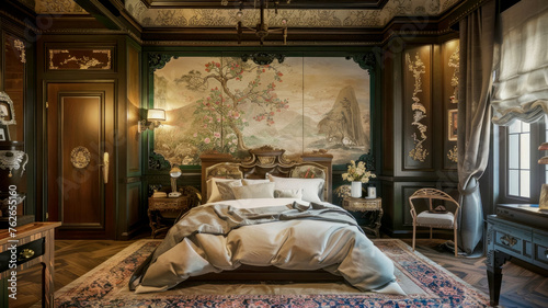 A harmonious combination of Chinoiserie and French Art Nouveau styles in the interior of a hotel bedroom, the principles of balance and tranquility, reconstruction of old buildings