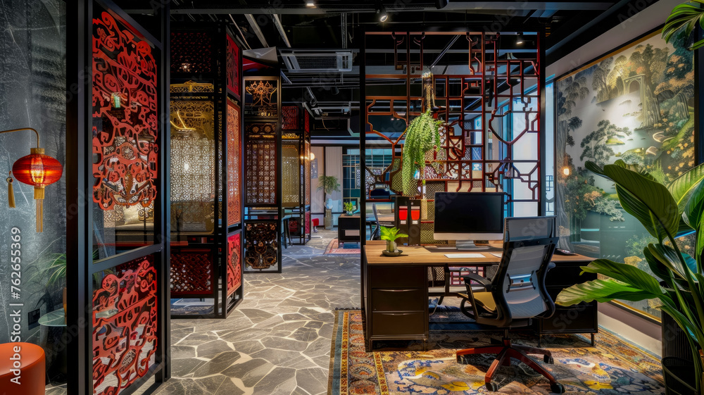The idea of combining a combination of eastern and western decorative elements and ergonomic space in a modern office space, a mixture of technology and chinoiserie style traditions