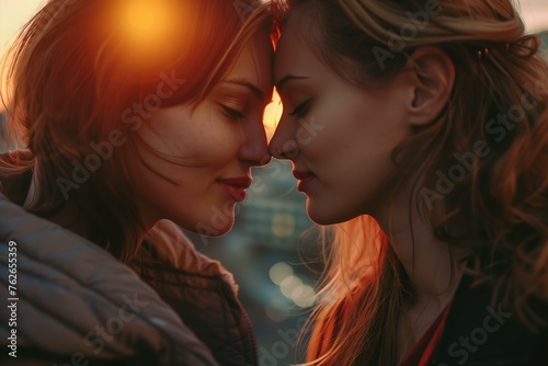 Lesbian couple enjoying a sunset cityscape, casual and romantic, soft oranges and city light glows