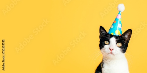 Black and white cat wearing a birthday hat isolated on a yellow background with copy space, horizontal banner or card, happy birthday concept  © XC Stock