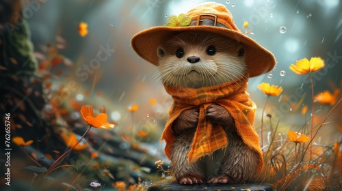  A painting of a small animal in a hat, scarf, and neck scarf, amidst a field of flowers