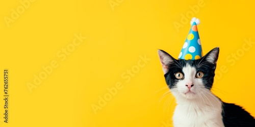 Black and white cat wearing a birthday hat isolated on a yellow background with copy space, horizontal banner or card, happy birthday concept  © XC Stock