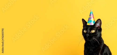 Black cat wearing a birthday hat isolated on a yellow background with copy space, horizontal banner or card, happy birthday concept 