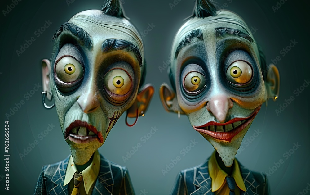 Close-up of two cartoon characters. A pair of men. Puppet for theater or animation. Illustration for cover, card, postcard, interior design, banner, poster, brochure or presentation. Close-up of two cartoon characters. A pair of men. Puppet for theater or animation. Illustration for cover, card, postcard, interior design, banner, poster, brochure or presentation.