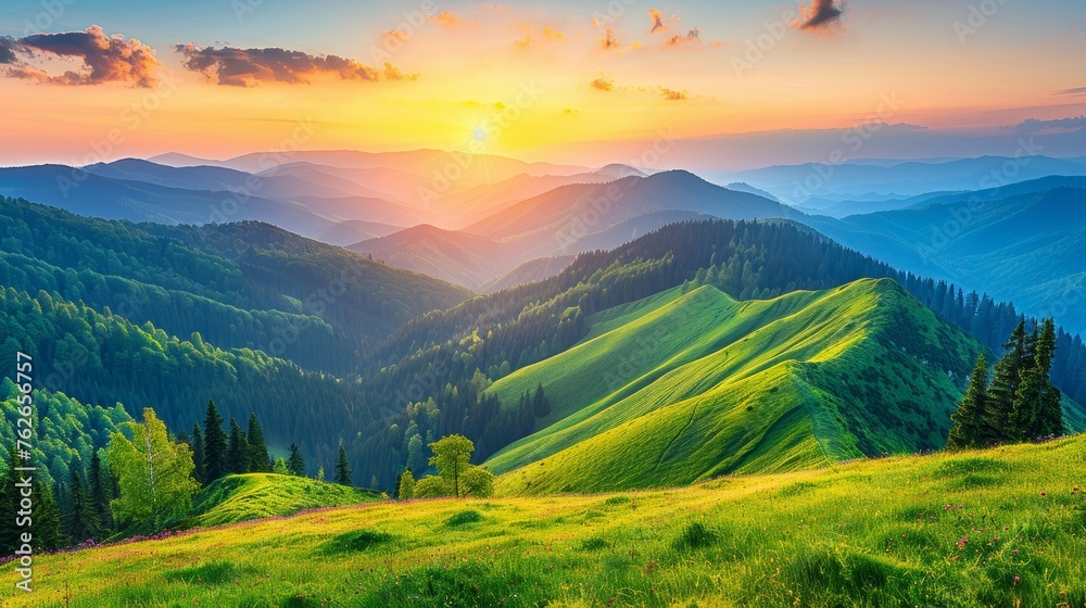Panoramic idyllic mountain landscape with lush green meadows and wildflowers in bloom - obrazy, fototapety, plakaty 