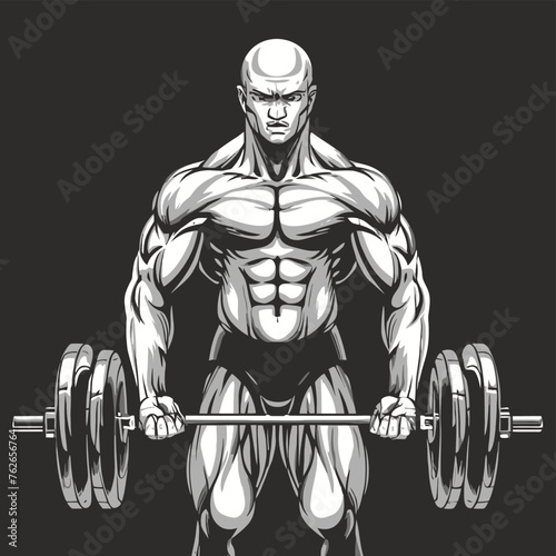 red white black modern style minimalist lines of a strong muscle pose strong body builder anatomy man at gym with bundle Doing exercises in all body positions using different gym equipment