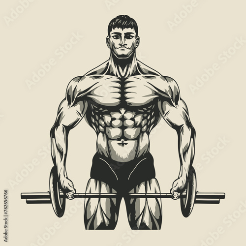 red white black modern style minimalist lines of a strong muscle pose strong body builder anatomy man at gym with bundle Doing exercises in all body positions using different gym equipment