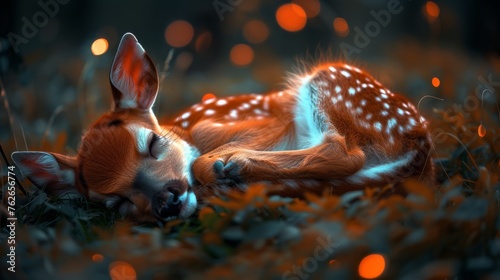  A deer resting in the grass with its head back and eyes closed