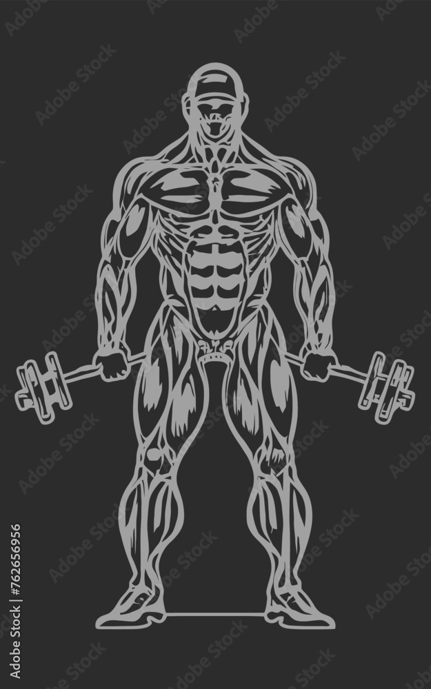 red white black modern style minimalist lines of a strong muscle pose strong body builder anatomy man at gym with bundle Doing exercises in all body positions using different gym equipment