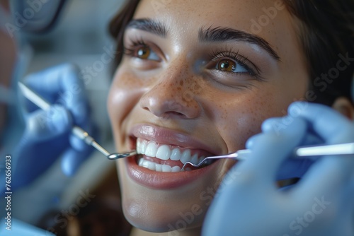 Dentist perform medical examination of young woman s teeth. Girl is smiling  she is not afraid or not suffer pain. Mock up portrait for clinics. 