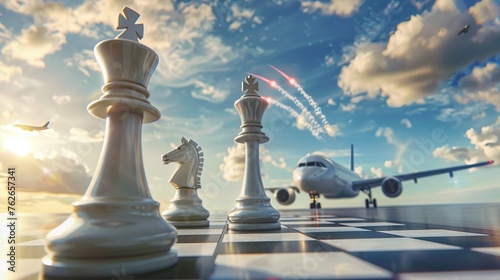 A chessboard with pieces on an airstrip with planes in the background