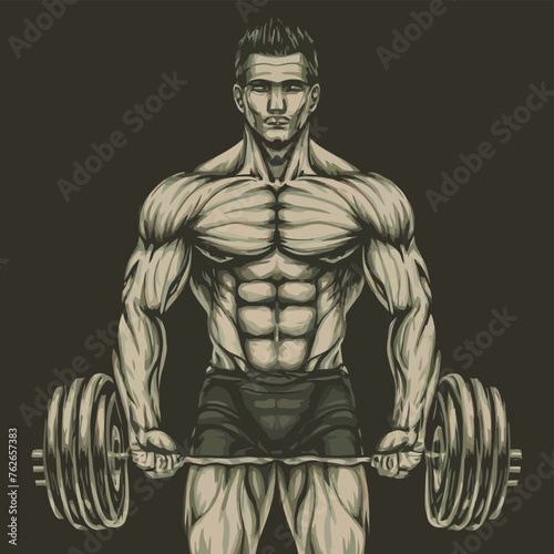 red white black modern style minimalist lines of a strong muscle pose strong body builder anatomy man at gym with bundle Doing exercises in all body positions using different gym equipment
